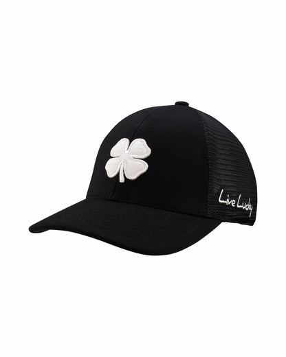 White and Black Mesh Golf Hat with Clover Logo