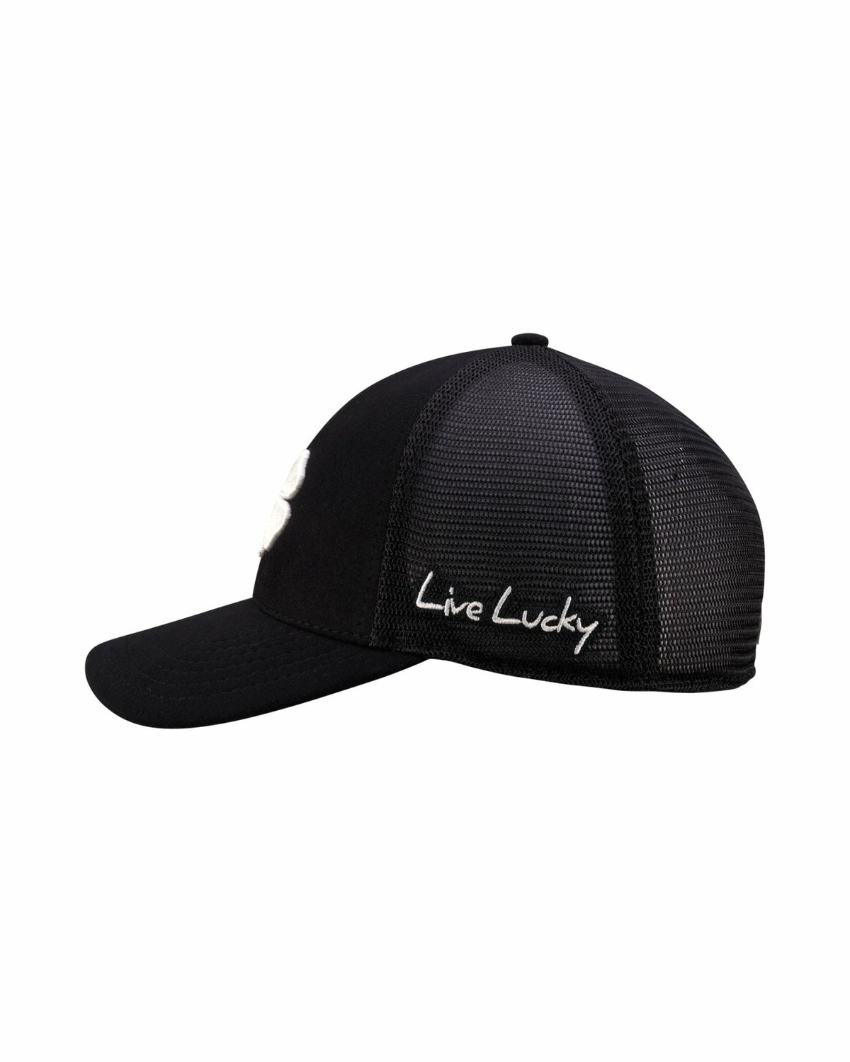 White and Black Mesh Golf Hat with Clover Logo