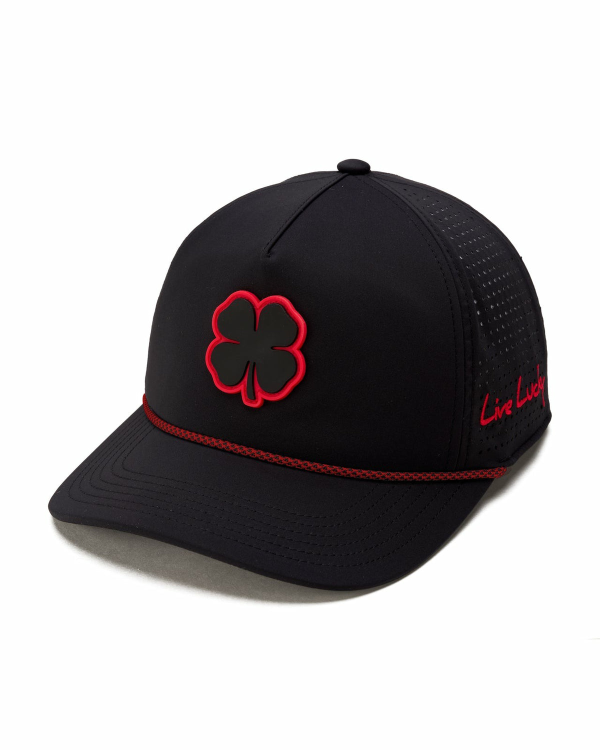 Kids' Black Summer Rope Hat with Neon Red Clover Logo
