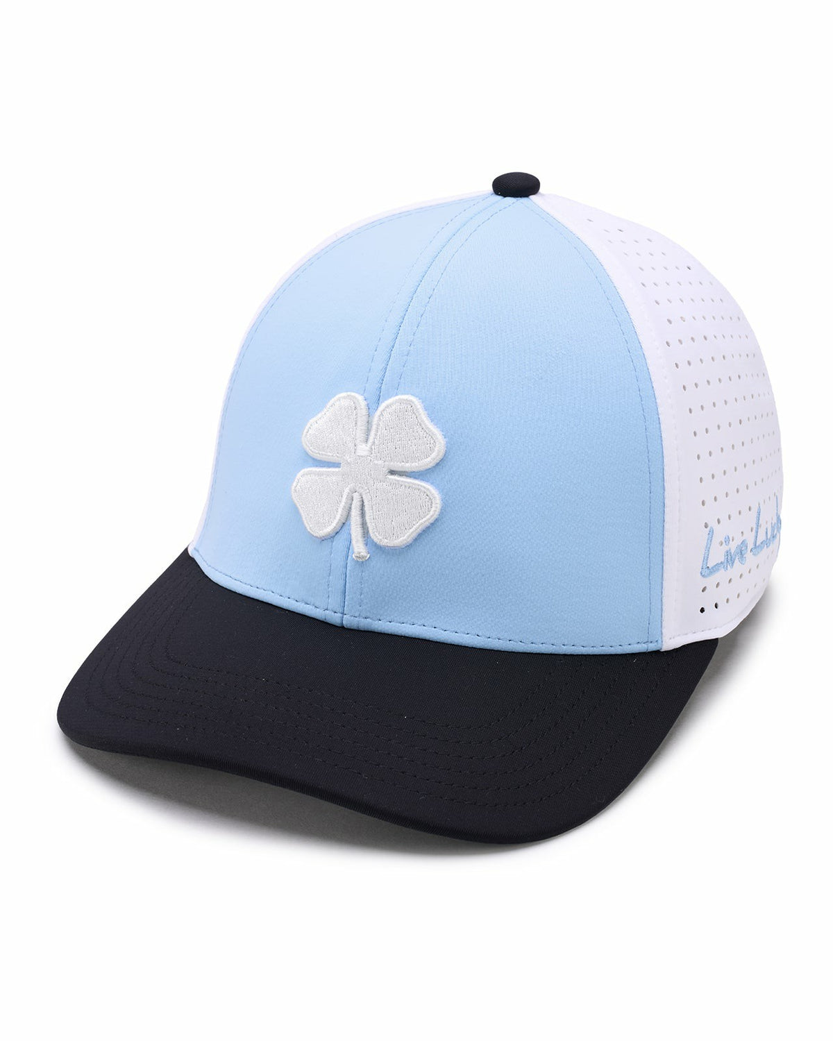 Light Blue and Black Perforated Golf Hat with White Clover