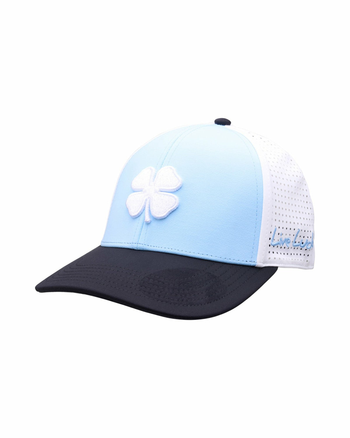 Light Blue and Black Perforated Golf Hat with White Clover