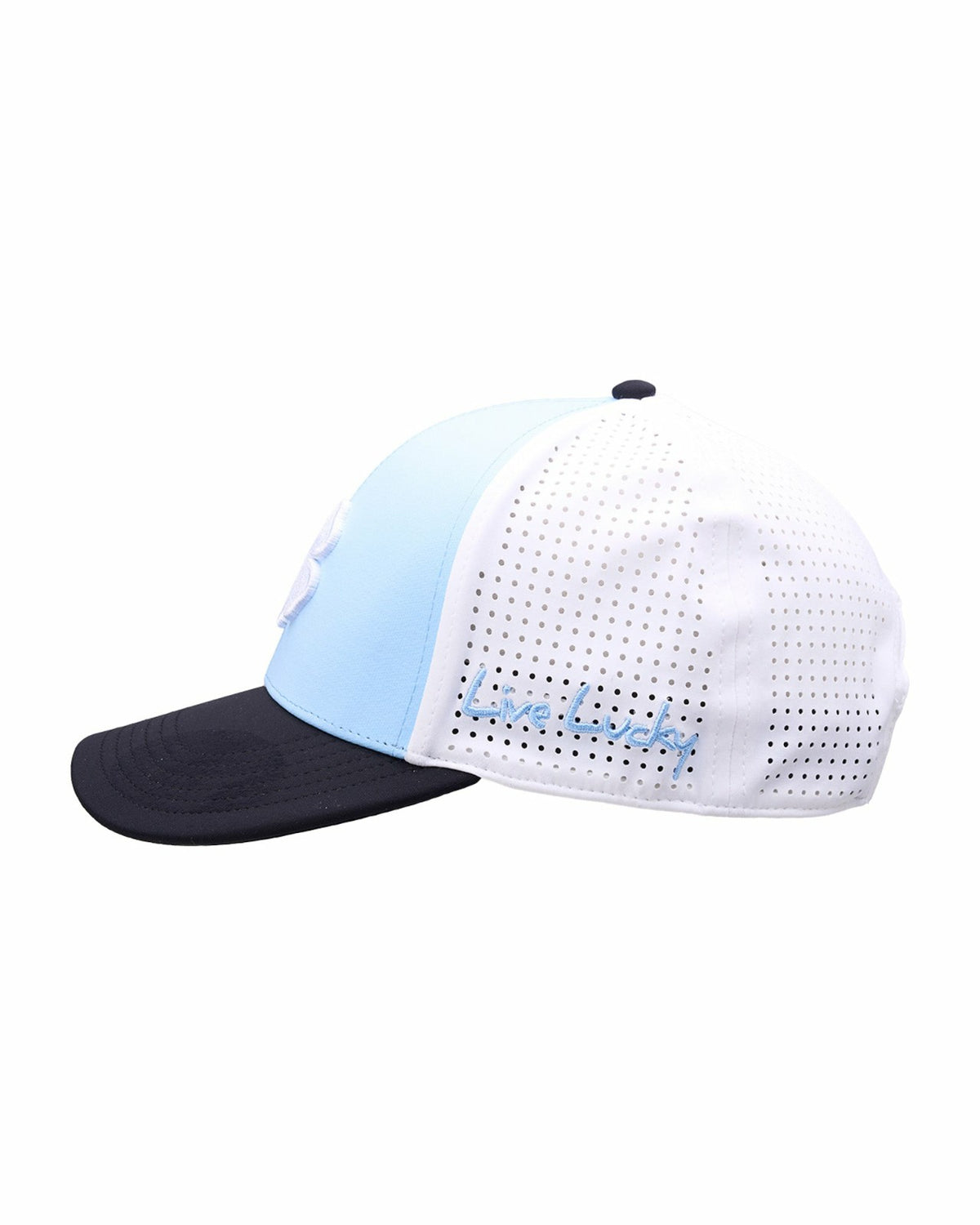 Light Blue and Black Perforated Golf Hat with White Clover