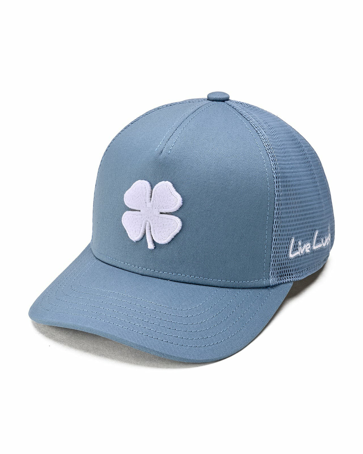 Blue Adjustable Hat with Mesh Back and White Embroidered Clover