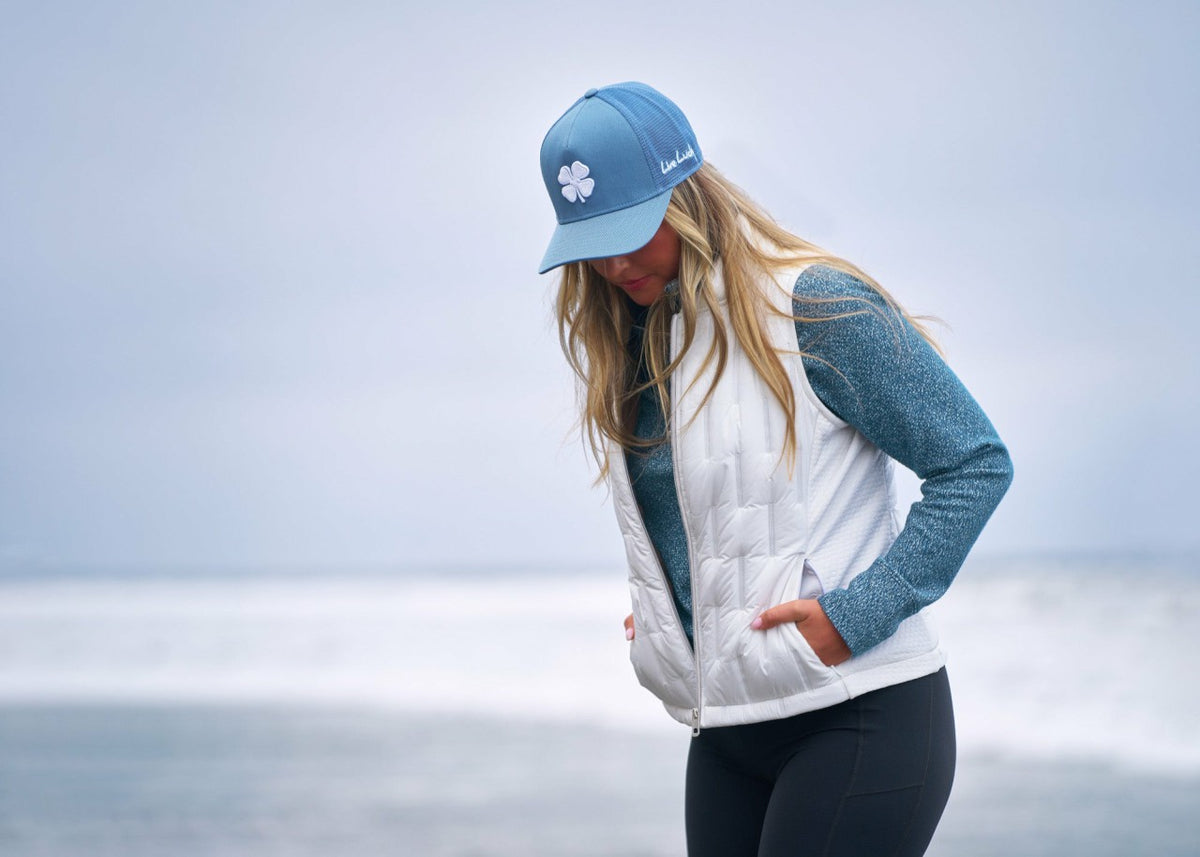Blue Adjustable Hat with Mesh Back and White Embroidered Clover