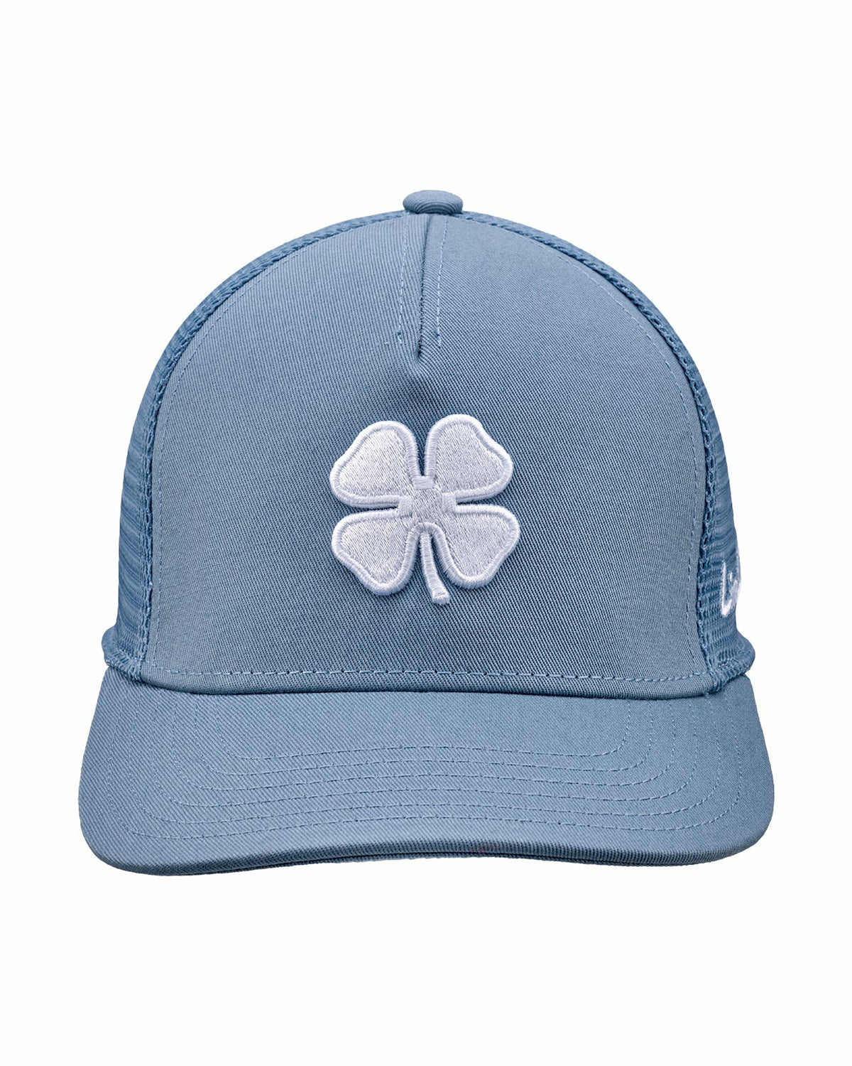 Blue Adjustable Hat with Mesh Back and White Embroidered Clover