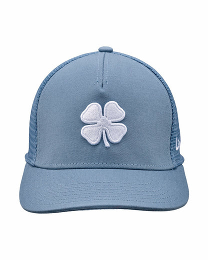 Blue Adjustable Hat with Mesh Back and White Embroidered Clover