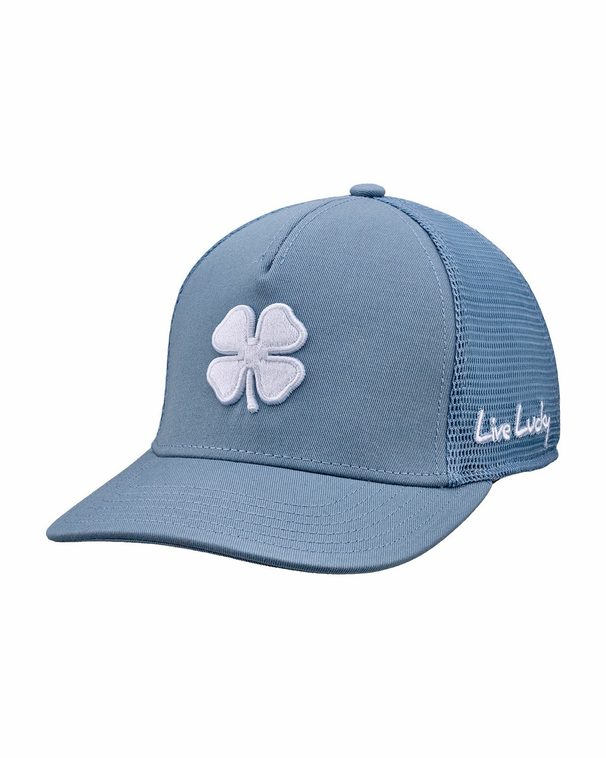 Blue Adjustable Hat with Mesh Back and White Embroidered Clover