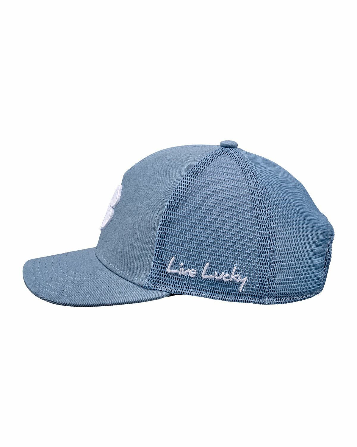 Blue Adjustable Hat with Mesh Back and White Embroidered Clover