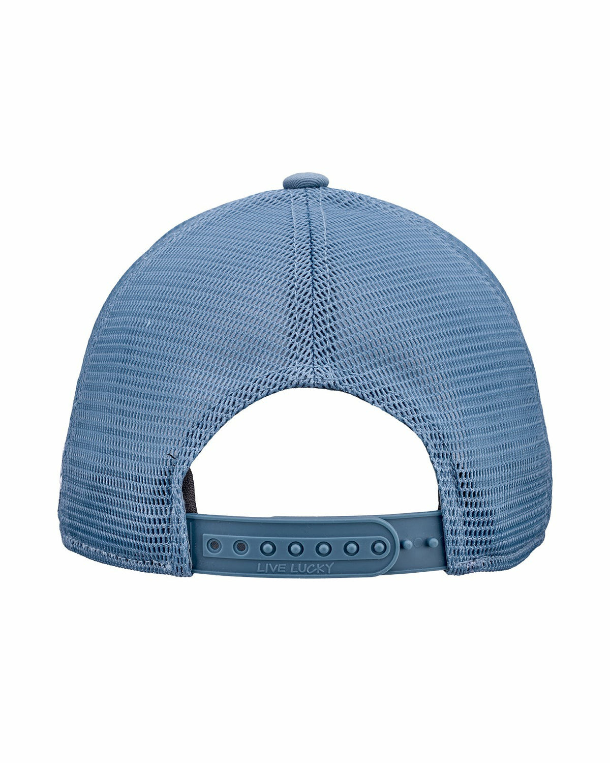 Blue Adjustable Hat with Mesh Back and White Embroidered Clover