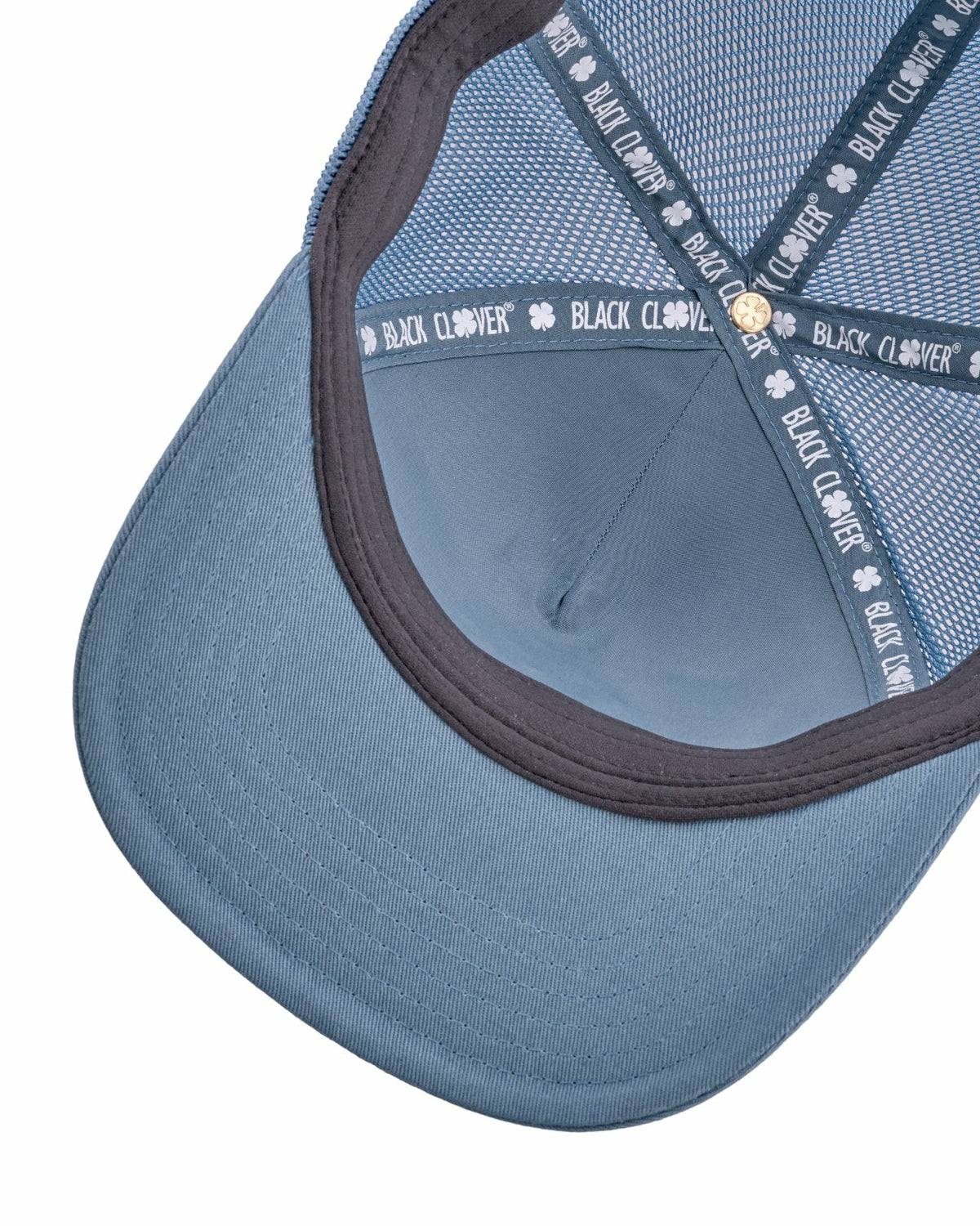 Blue Adjustable Hat with Mesh Back and White Embroidered Clover