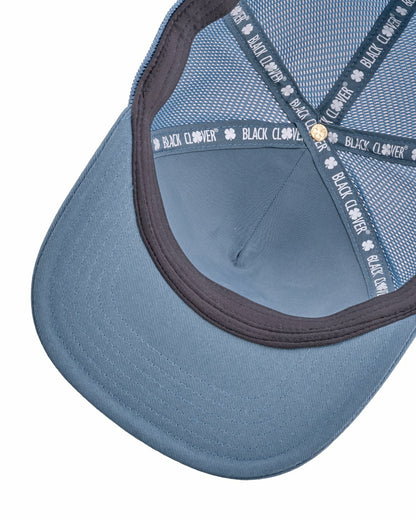 Blue Adjustable Hat with Mesh Back and White Embroidered Clover