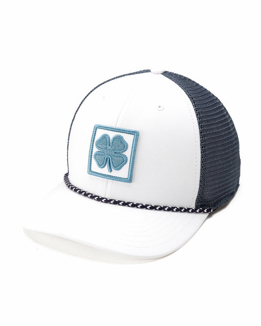 White and Blue Mesh Golf Hat with Clover Icon