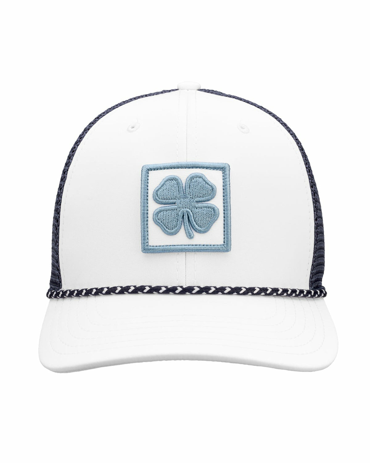 White and Blue Mesh Golf Hat with Clover Icon