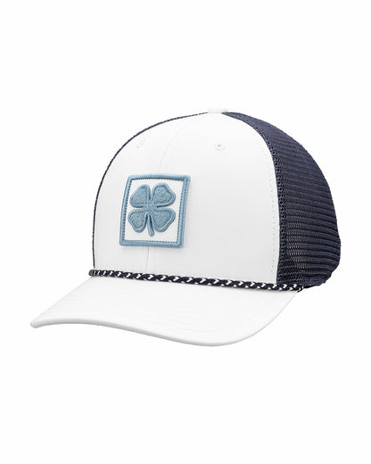 White and Blue Mesh Golf Hat with Clover Icon